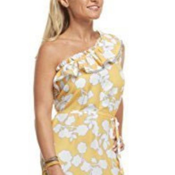 Mud Pie Caroline Yellow One Shoulder Dress, Large - Picture 1 of 2